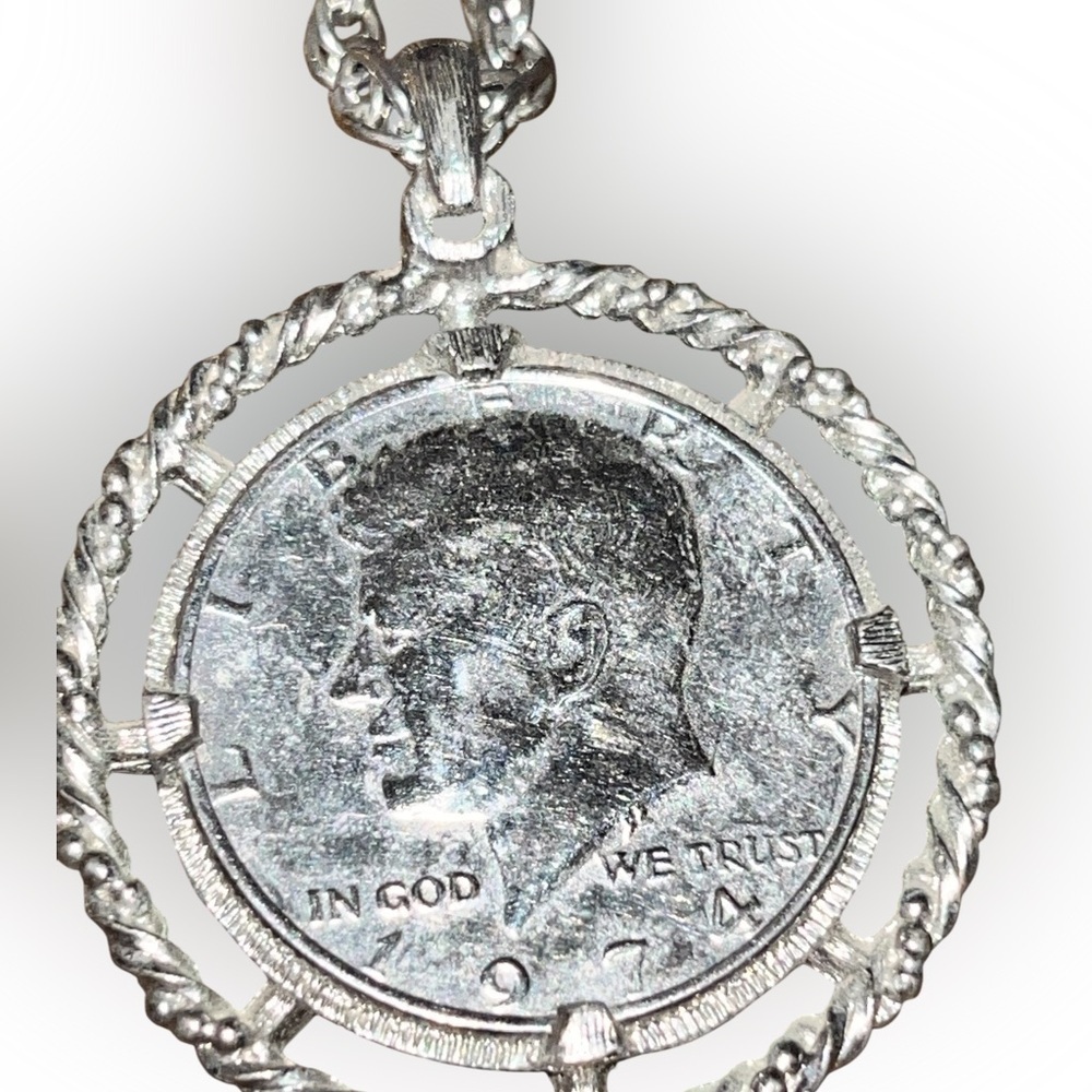 Vintage John F Kennedy 1974 Half Dollar Pendant Necklace Signed Revere Mfg